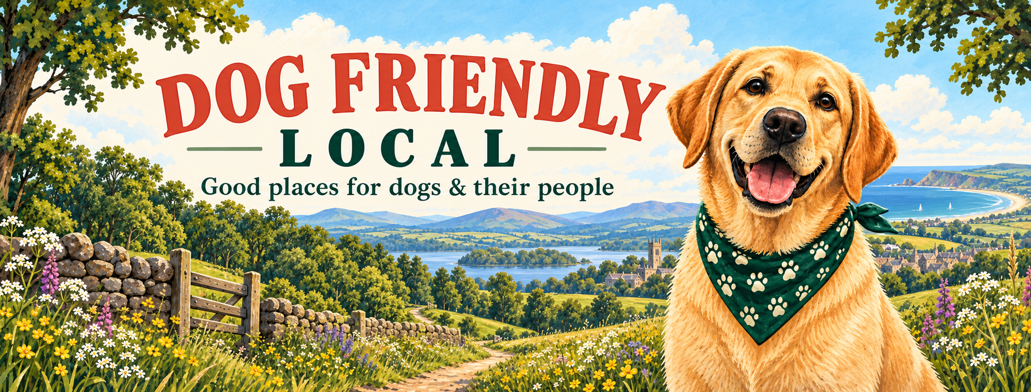 Dog Friendly Local — good places for dogs and their people, illustrated with a golden Labrador in the British countryside