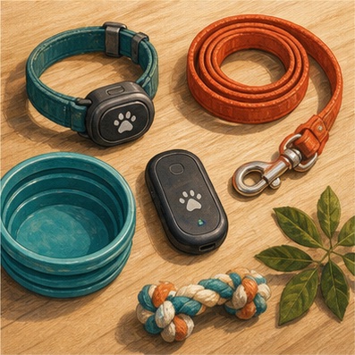 Dog walking and travel essentials including leads and a tracker